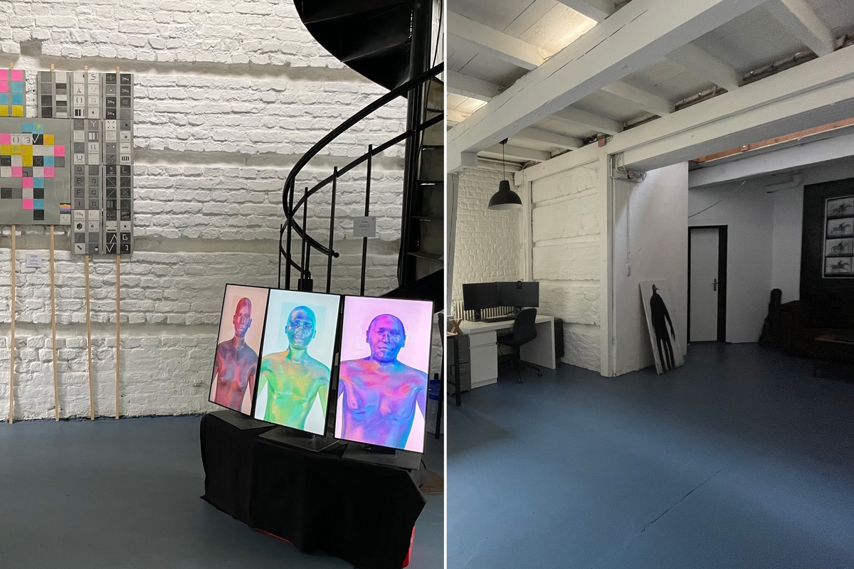Studio Tahiti interior in Köln-Ehrenfeld — exhibition view on the left, empty room on the right.